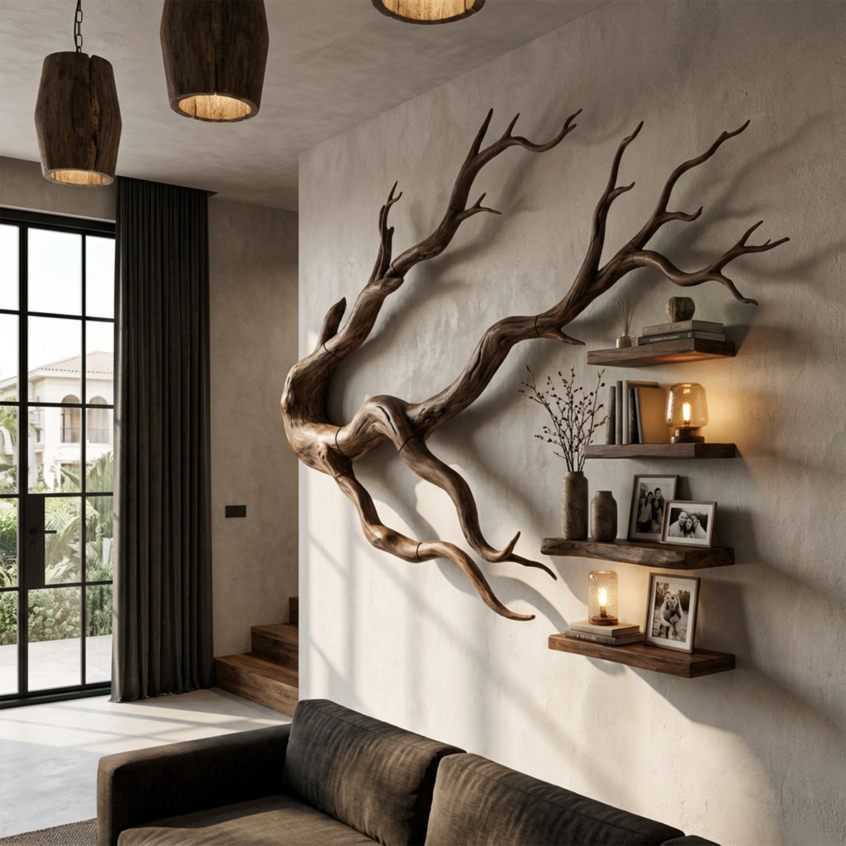 Organic Tree Bookcase With Flowing Wall Mounted Branches For Living Room