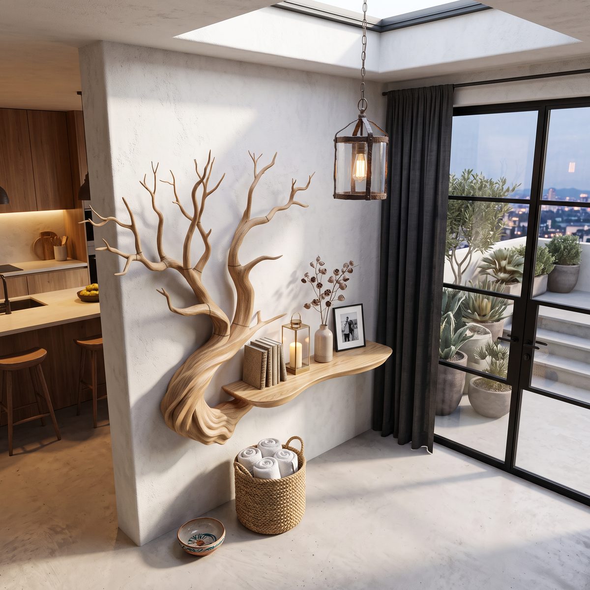 Rustic Tree Bookshelf With Wall Mounted Branch Shelves For Living Room