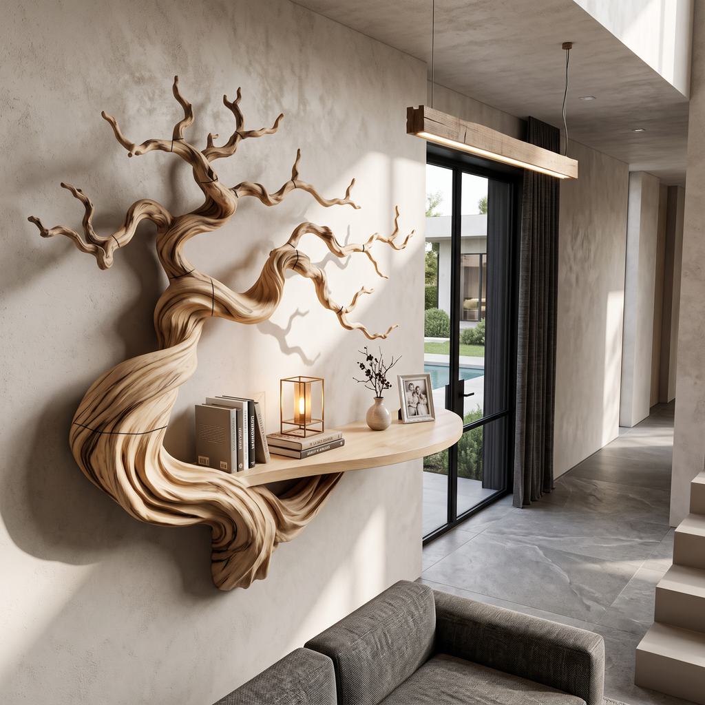 Rustic Wood Bookshelf With Sculptural Tree Branch Design For Reading Room