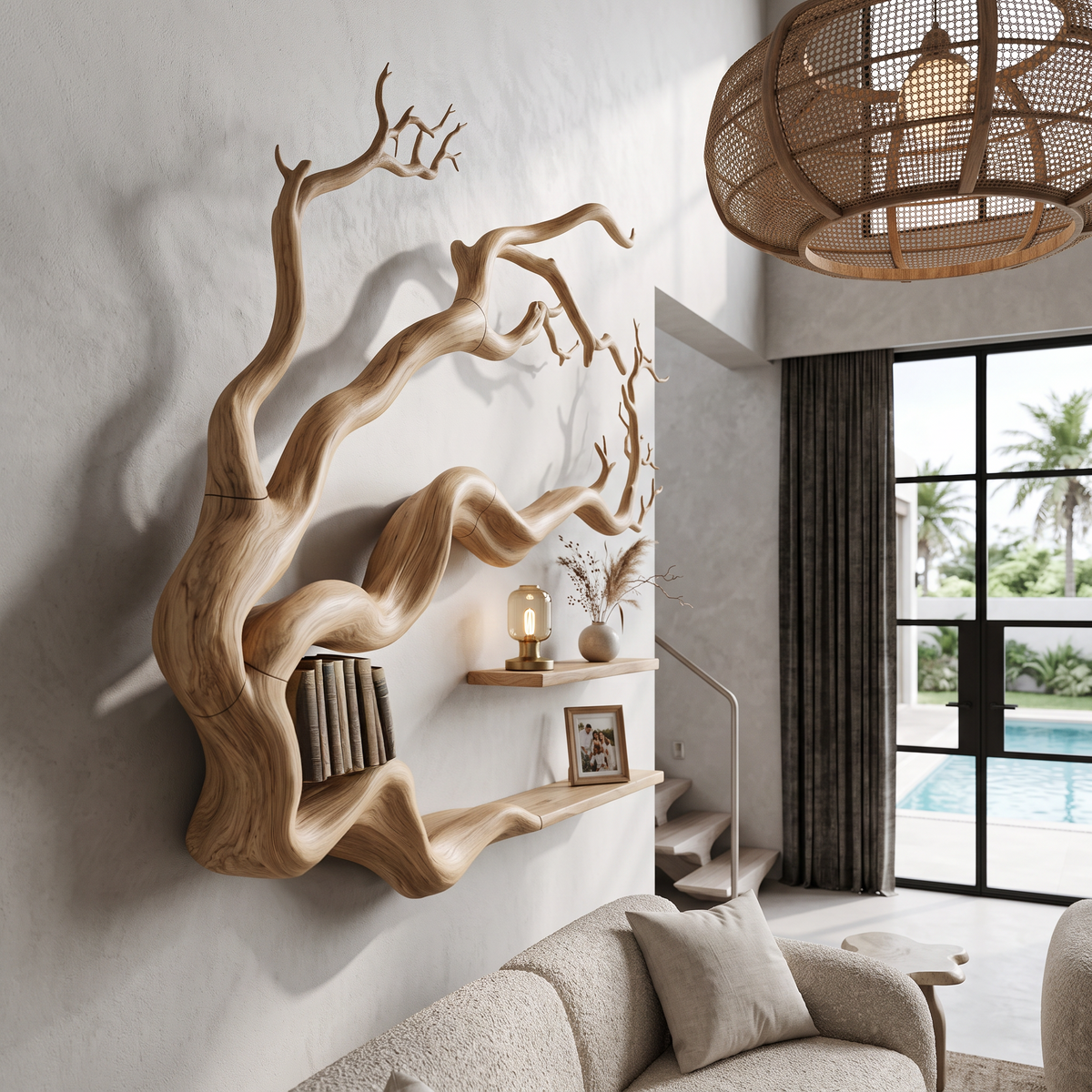 Modern Tree Bookshelf With Natural Branch Silhouette For Living Room