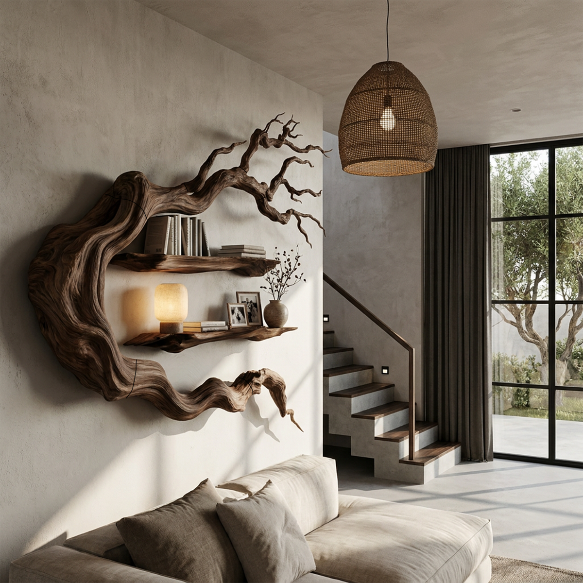 Modern Tree Bookshelf With Sculptural Wall Branch Design For Living Room