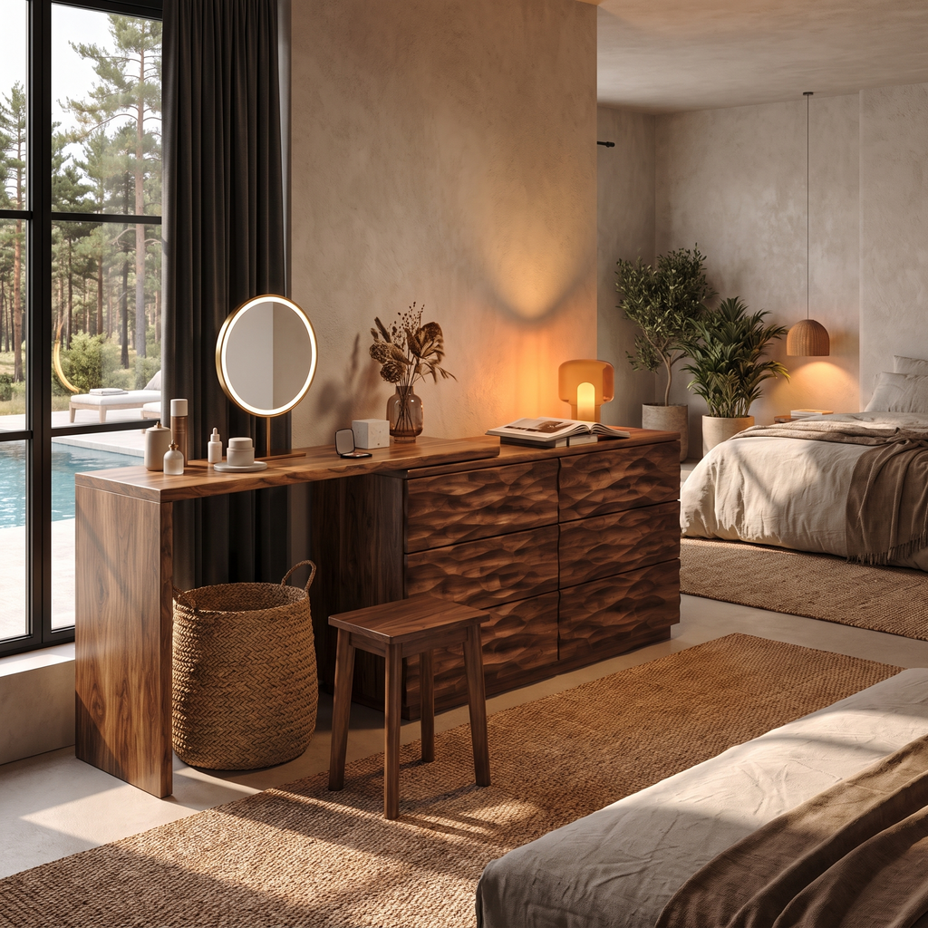 Scandinavian Wooden Dresser With L Shaped Desk Extension For Bedroom