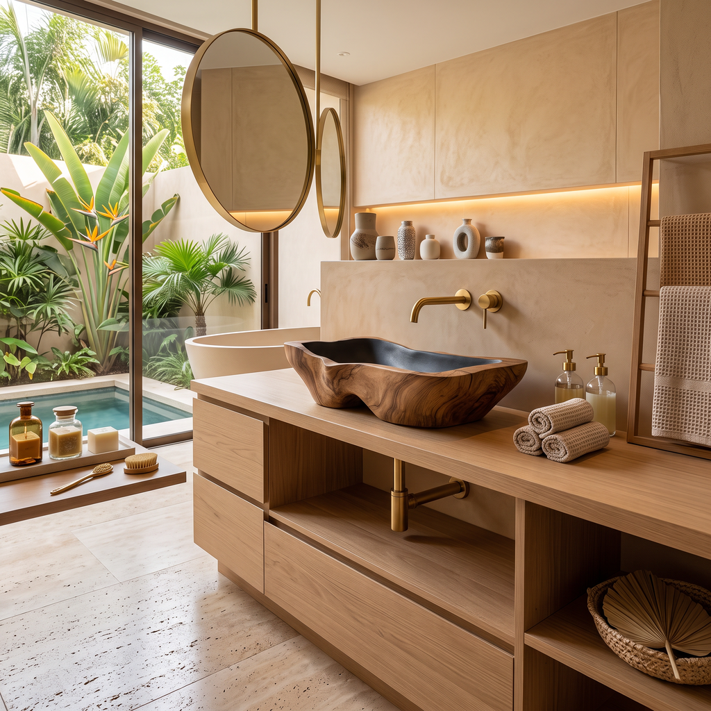 Mid Century Rustic Wooden Vessel Sink For Bathroom Ideas