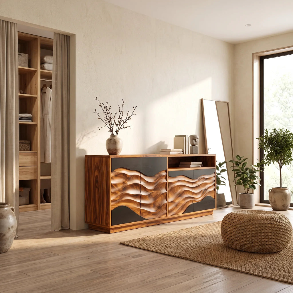 Modern Swirl Carved Sideboard Open Living Room