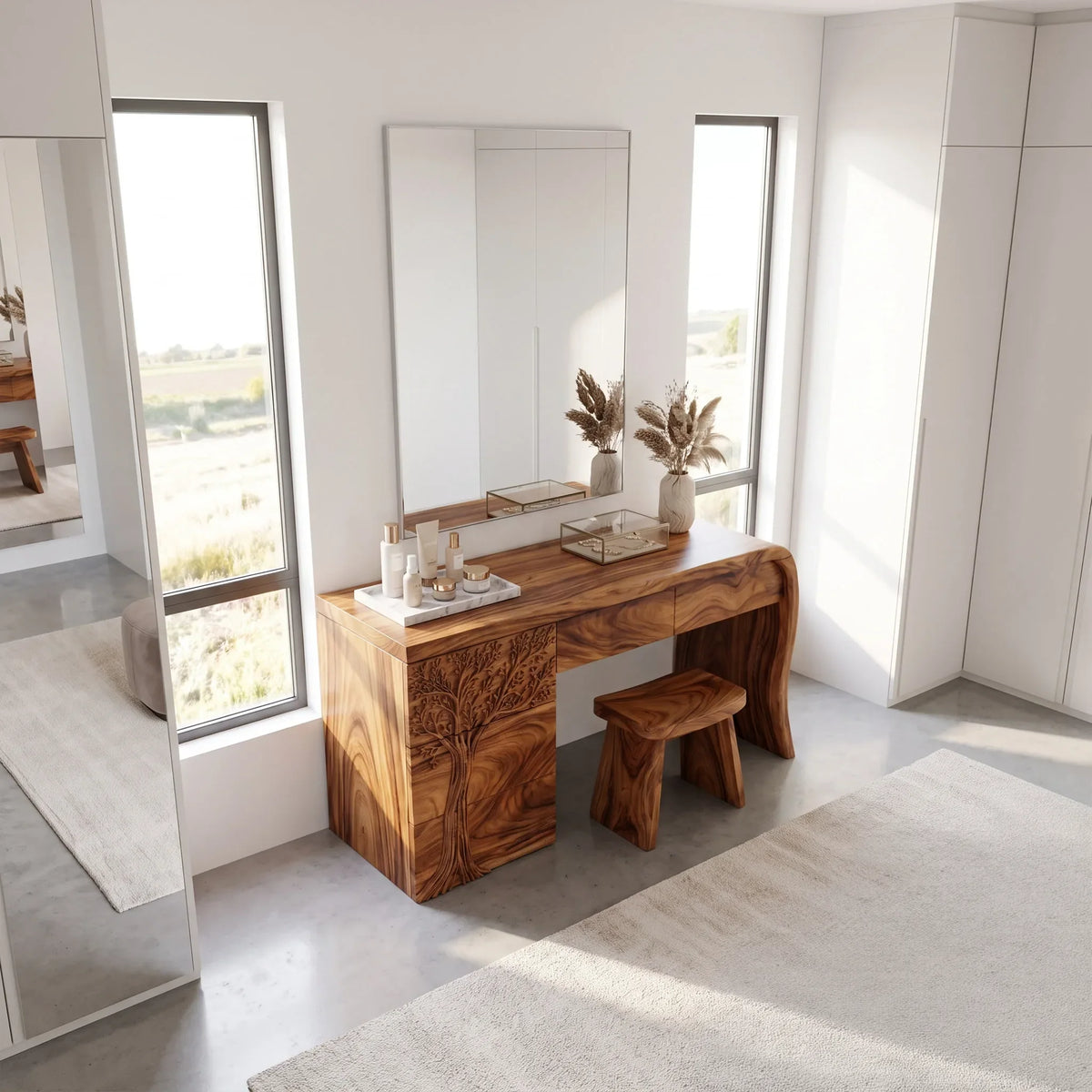 Peaceful Vanity Table Makeup Vanity Desk Tree Carved Drawers For Bedroom
