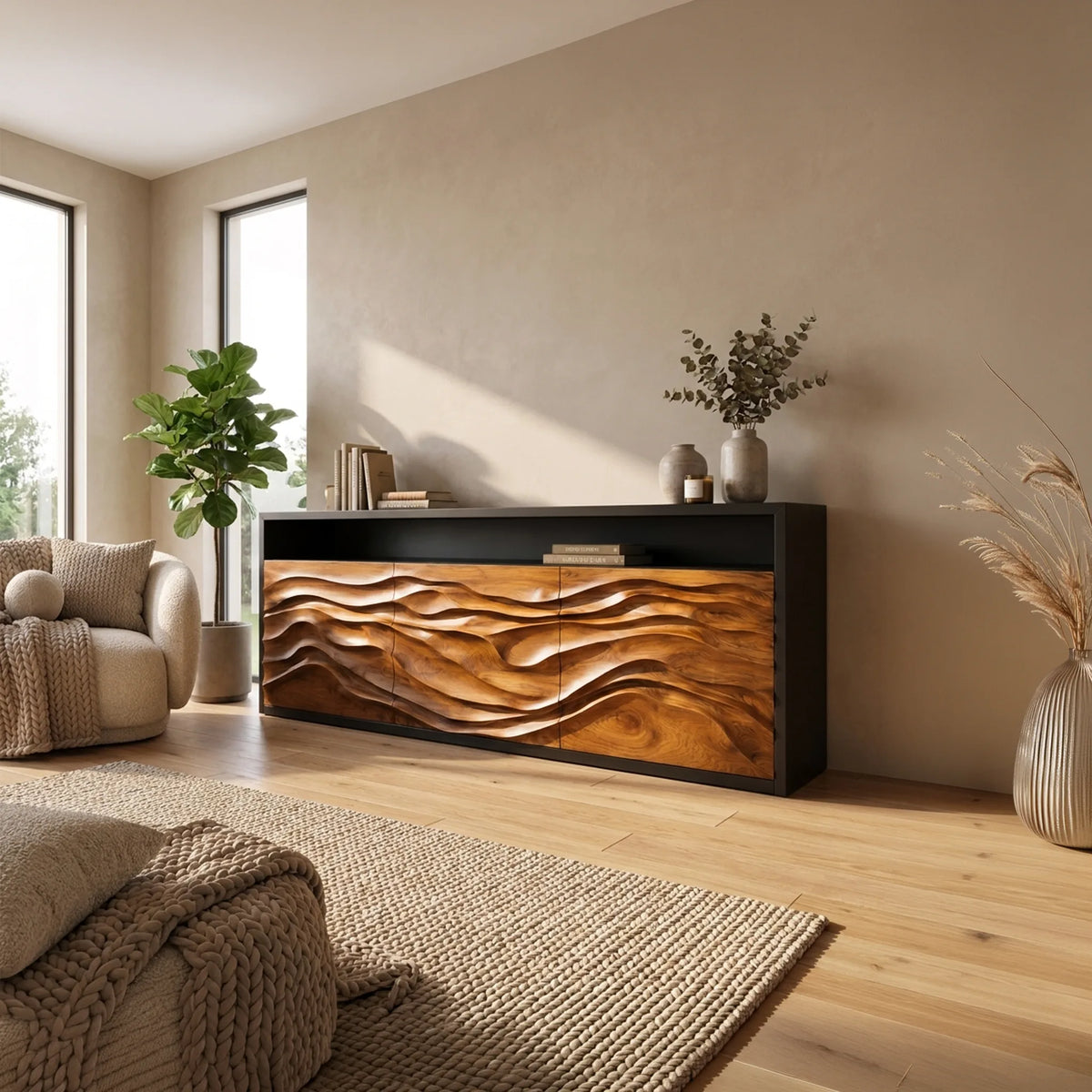 Contemporary Fluted Credenza Cozy Living Room