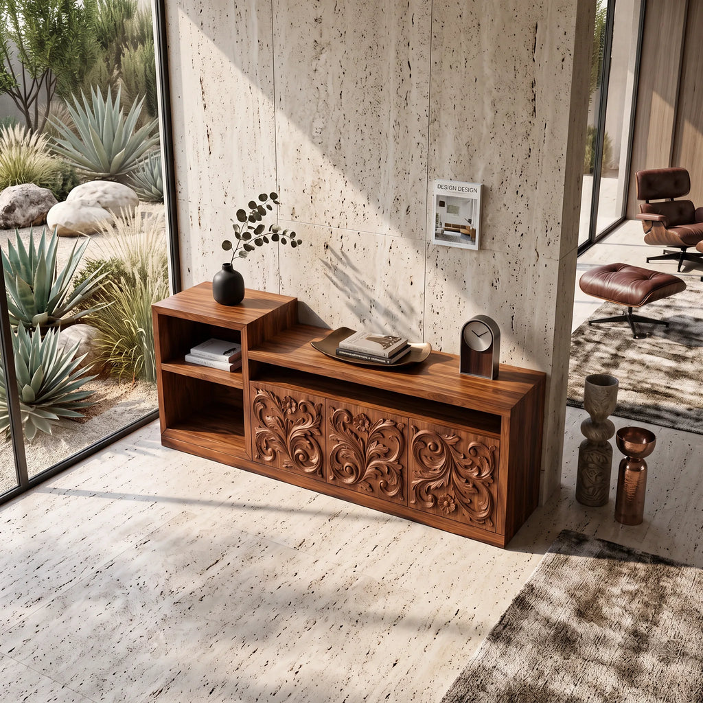 Organic Low Wave Carved Credenza Modern Living Room