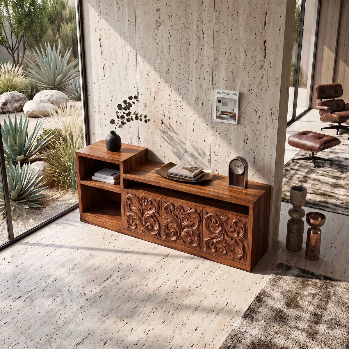 Organic Low Wave Carved Credenza Modern Living Room
