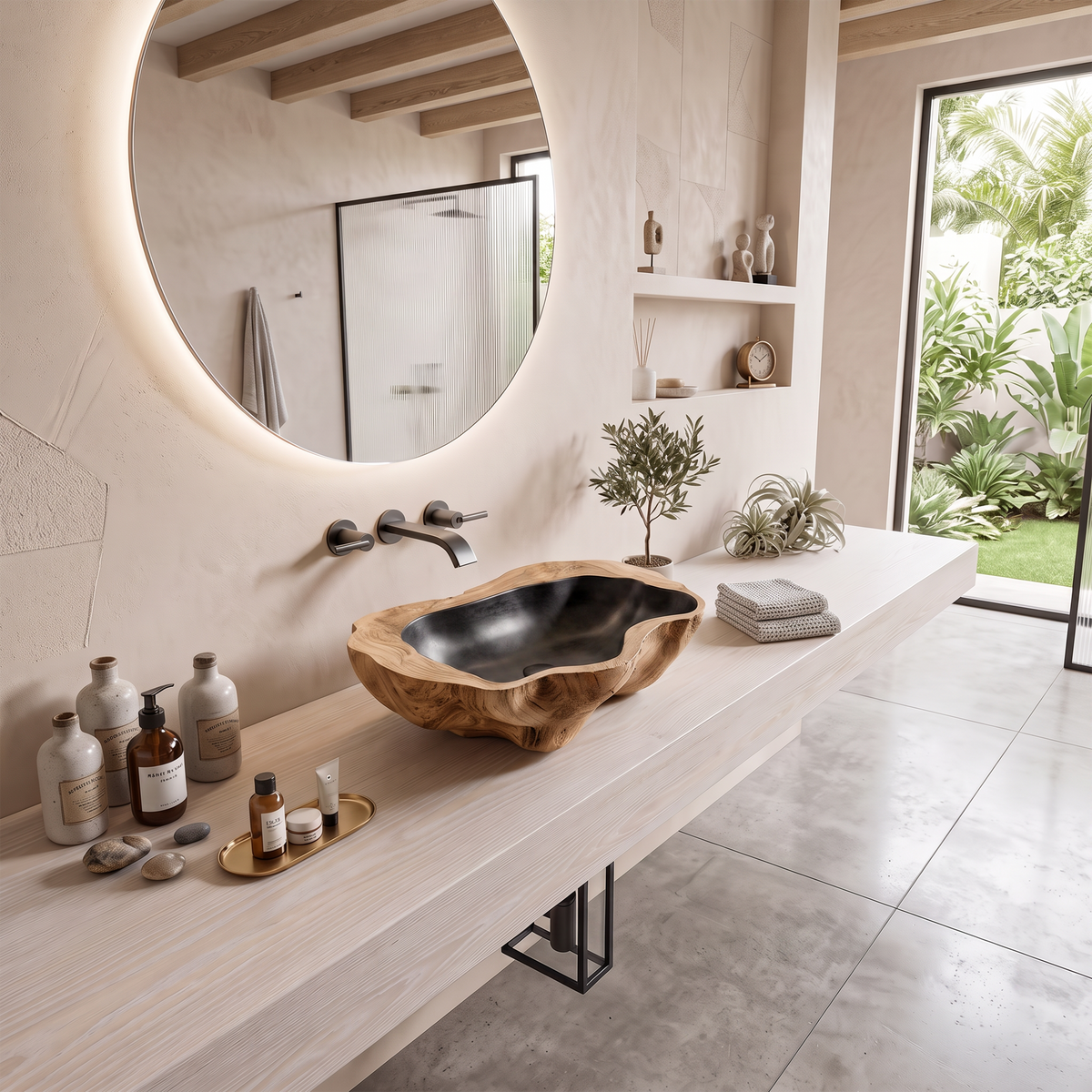 Handcrafted Mid Century Wood Wash Basin For Bathroom