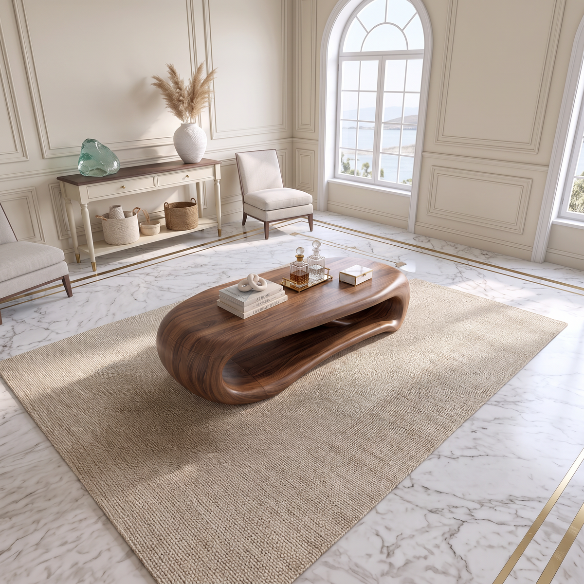 Modern Walnut Coffee Table With Soft Rounded Ends For Living Room