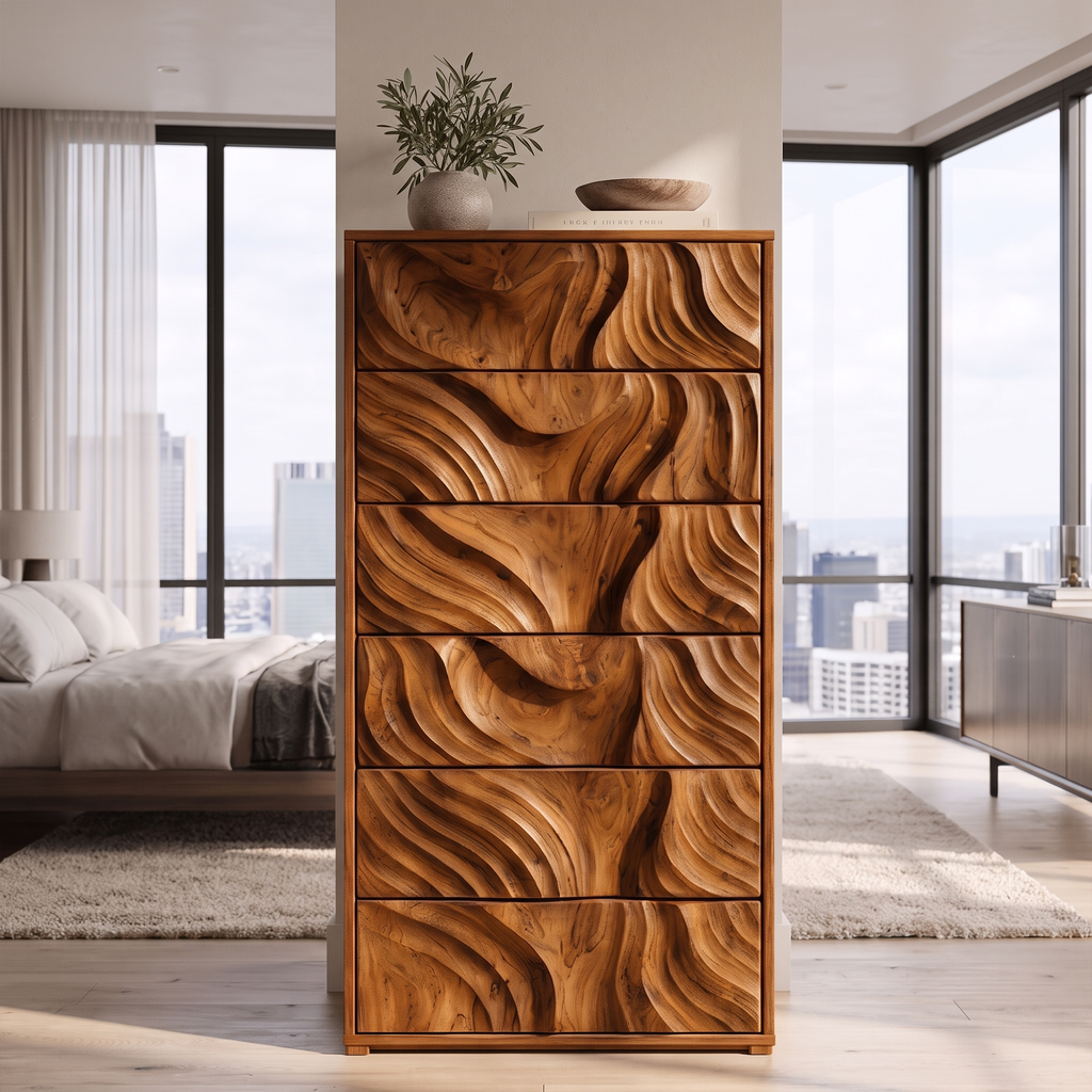 OrganicTall Dresser With Ripple Carved Drawer Fronts For Bedroom