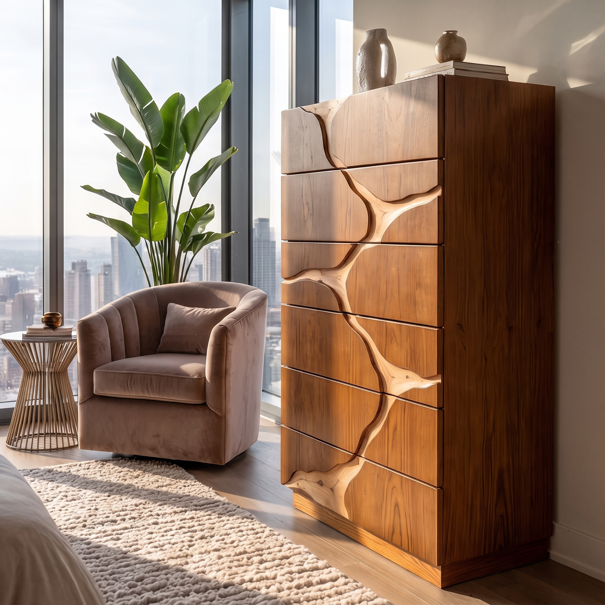Contemporary Wooden Dresser With Two Tone Carved Panels For Bedroom