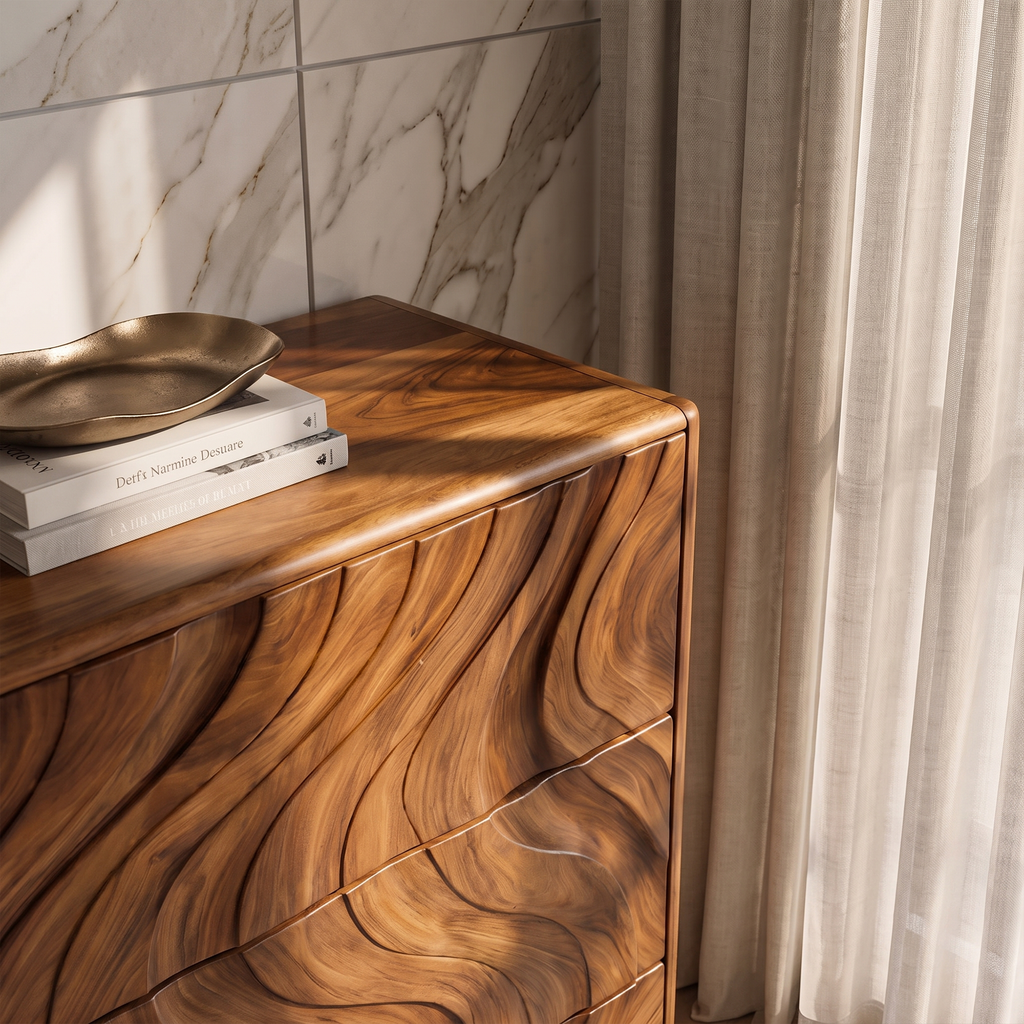 Modern Tall Dresser With Vertical Wave Carving For Bedroom
