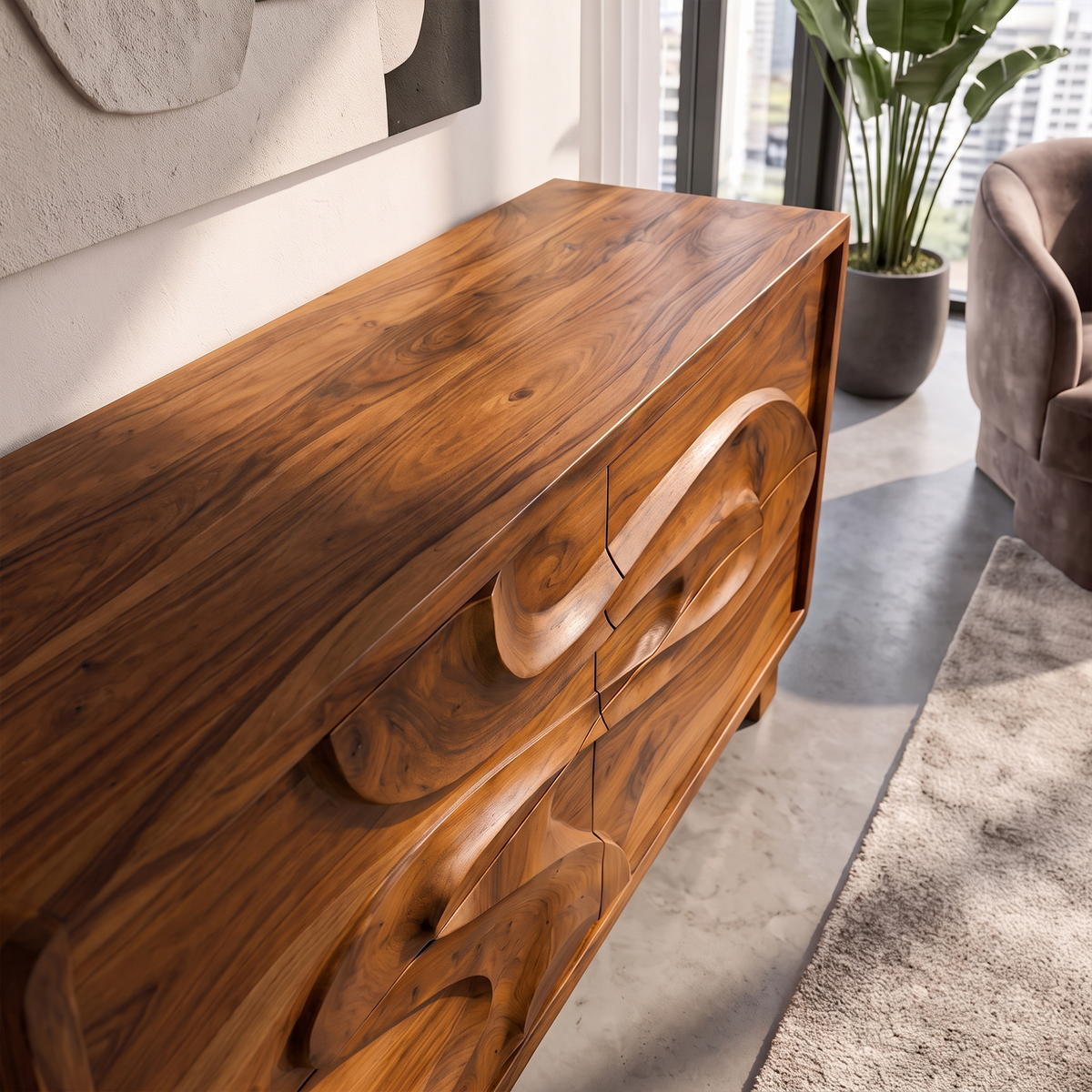Organic Chest Dresser With Undulating Carved Front For Bedroom