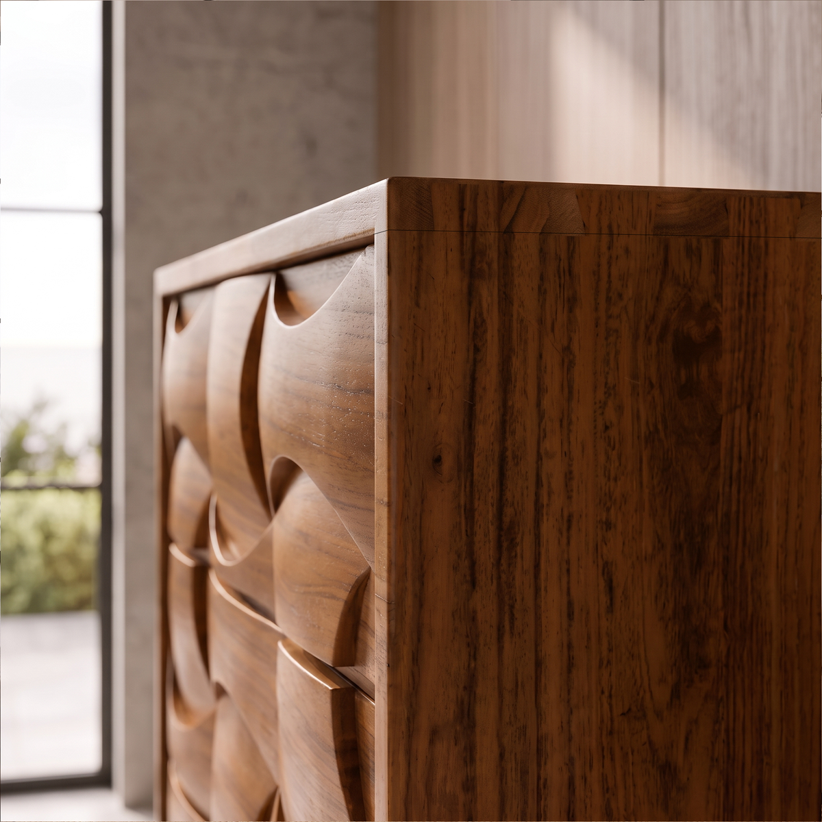 Rustic Wooden Dresser With Textured Wood Grain Front For Bedroom