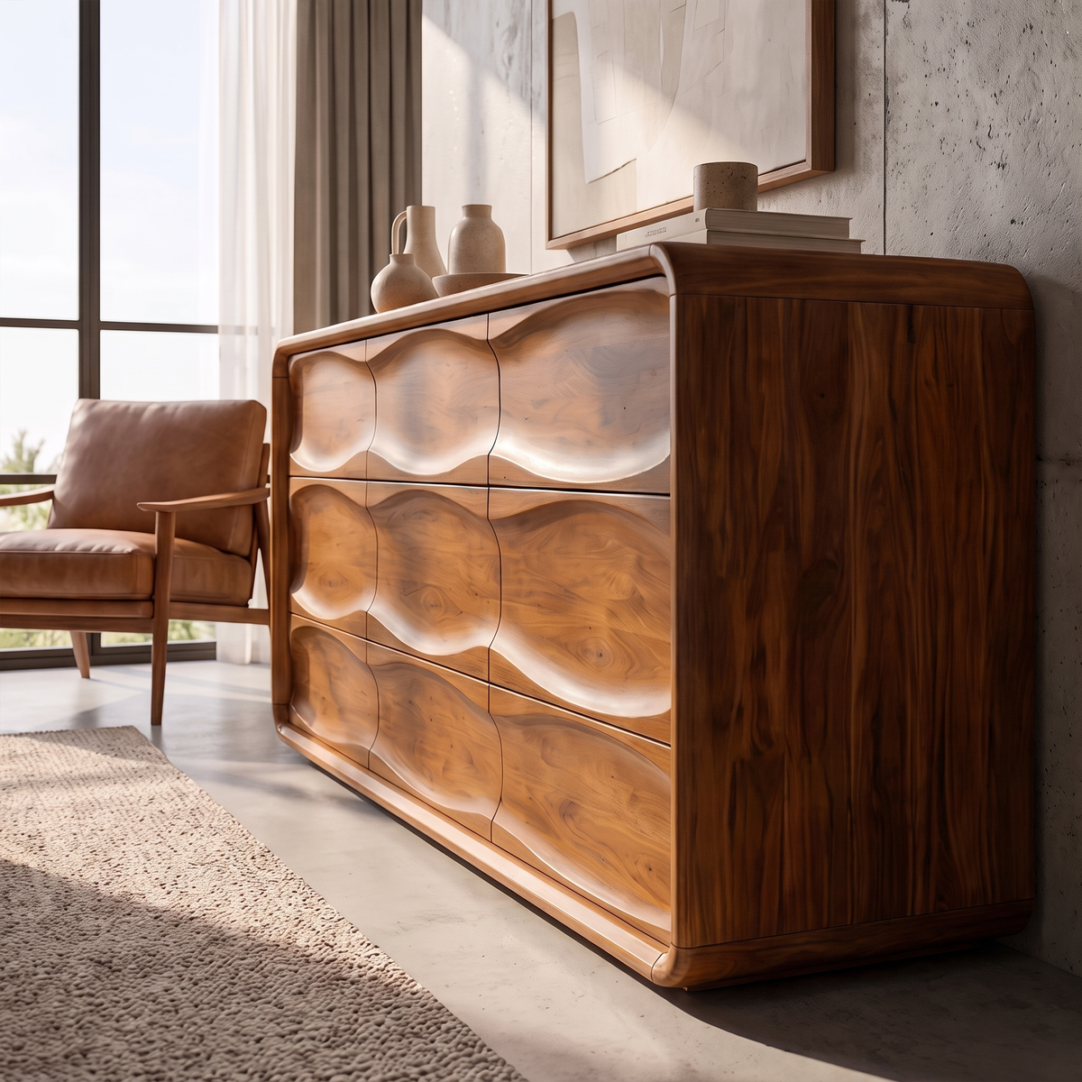 Contemporary Bedroom Dresser With Embossed Grain Front And Curved Corners