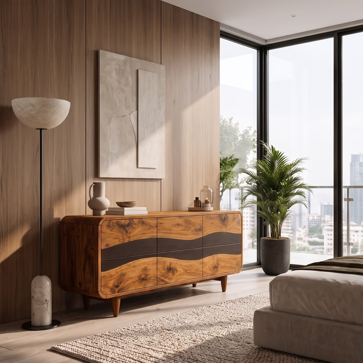 Mid Century Black Dresser With Alternating Wood Grain Panels For Bedroom