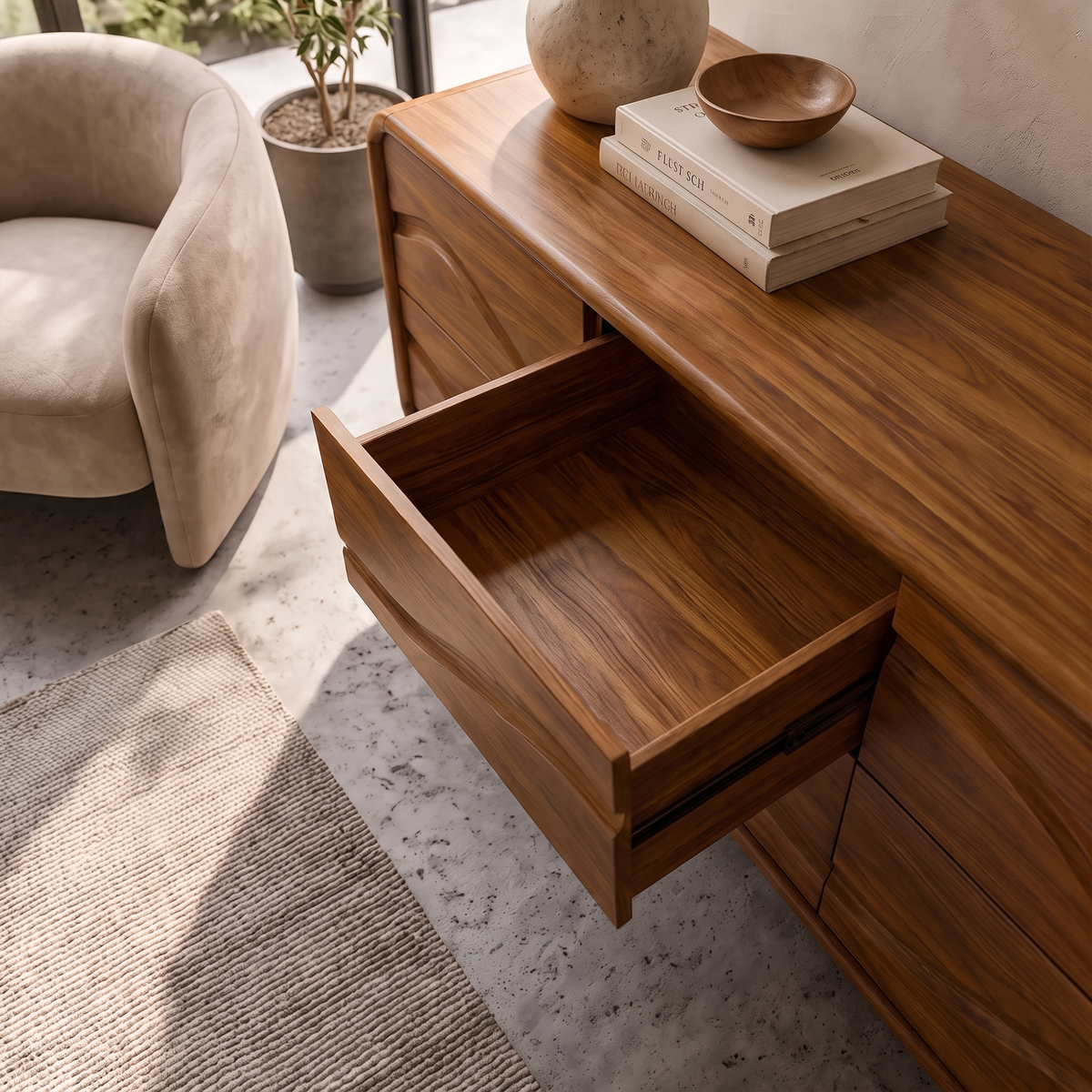 Contemporary Low Dresser With Embossed Grain Front And Curved Corners For Bedroom