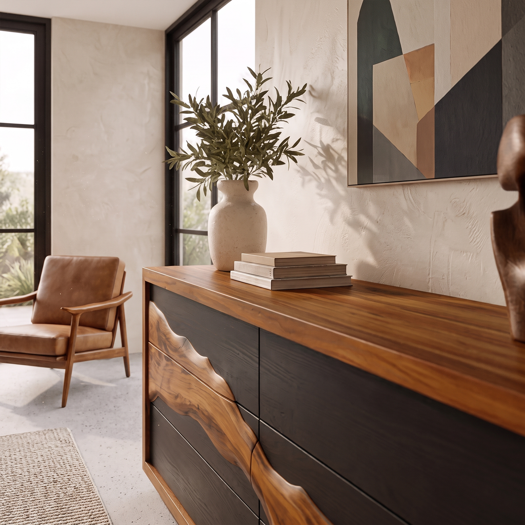 Modern Black Dresser With Contrasting Natural Wood Grain Front For Bedroom