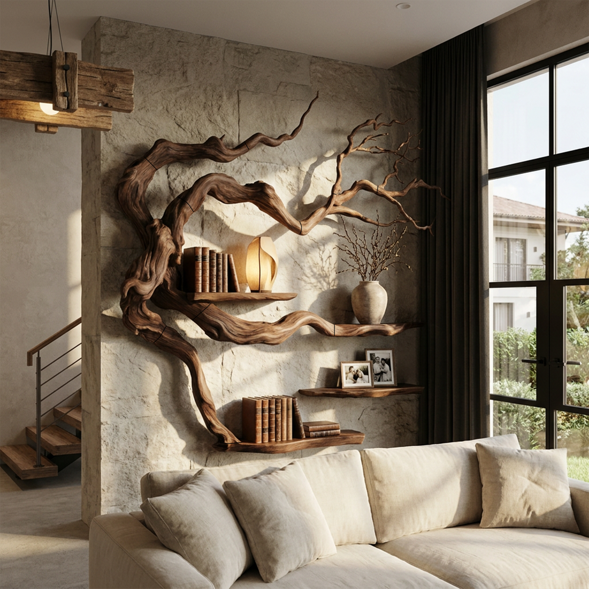 Rustic Tree Bookshelf With Natural Branch Form For Reading Room