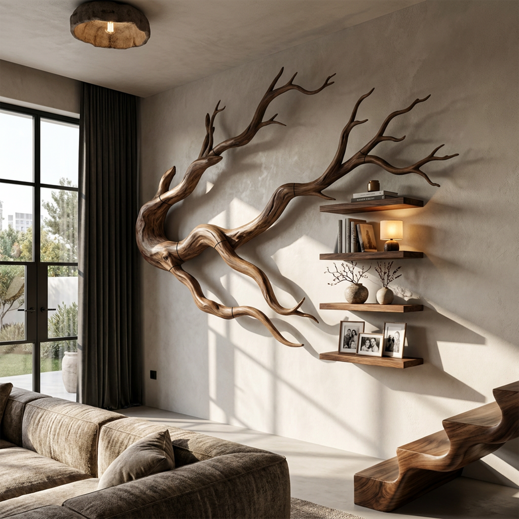 Organic Tree Bookcase With Flowing Wall Mounted Branches For Living Room