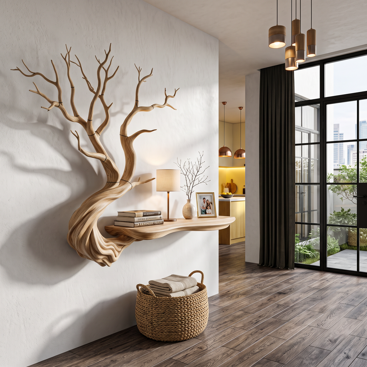 Rustic Tree Bookshelf With Wall Mounted Branch Shelves For Living Room