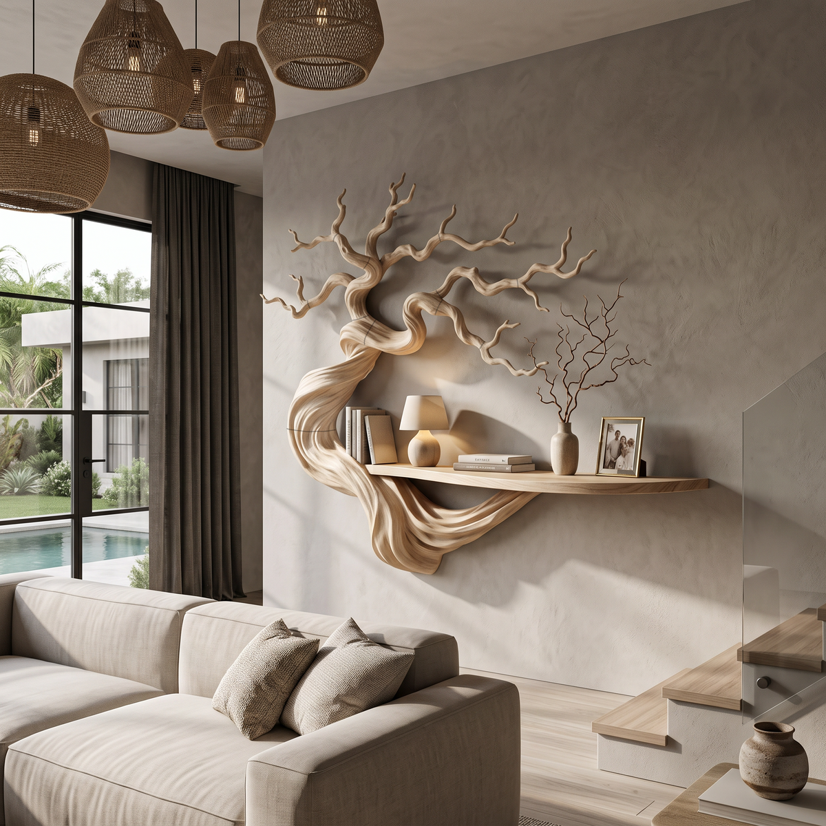 Rustic Wood Bookshelf With Sculptural Tree Branch Design For Reading Room