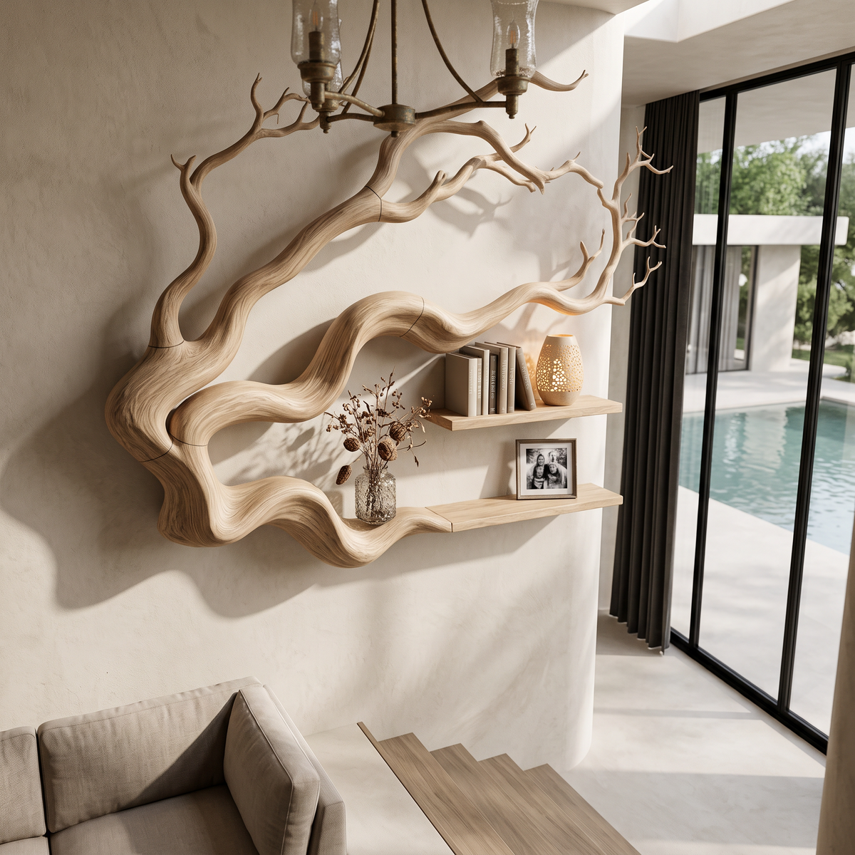 Modern Tree Bookshelf With Natural Branch Silhouette For Living Room