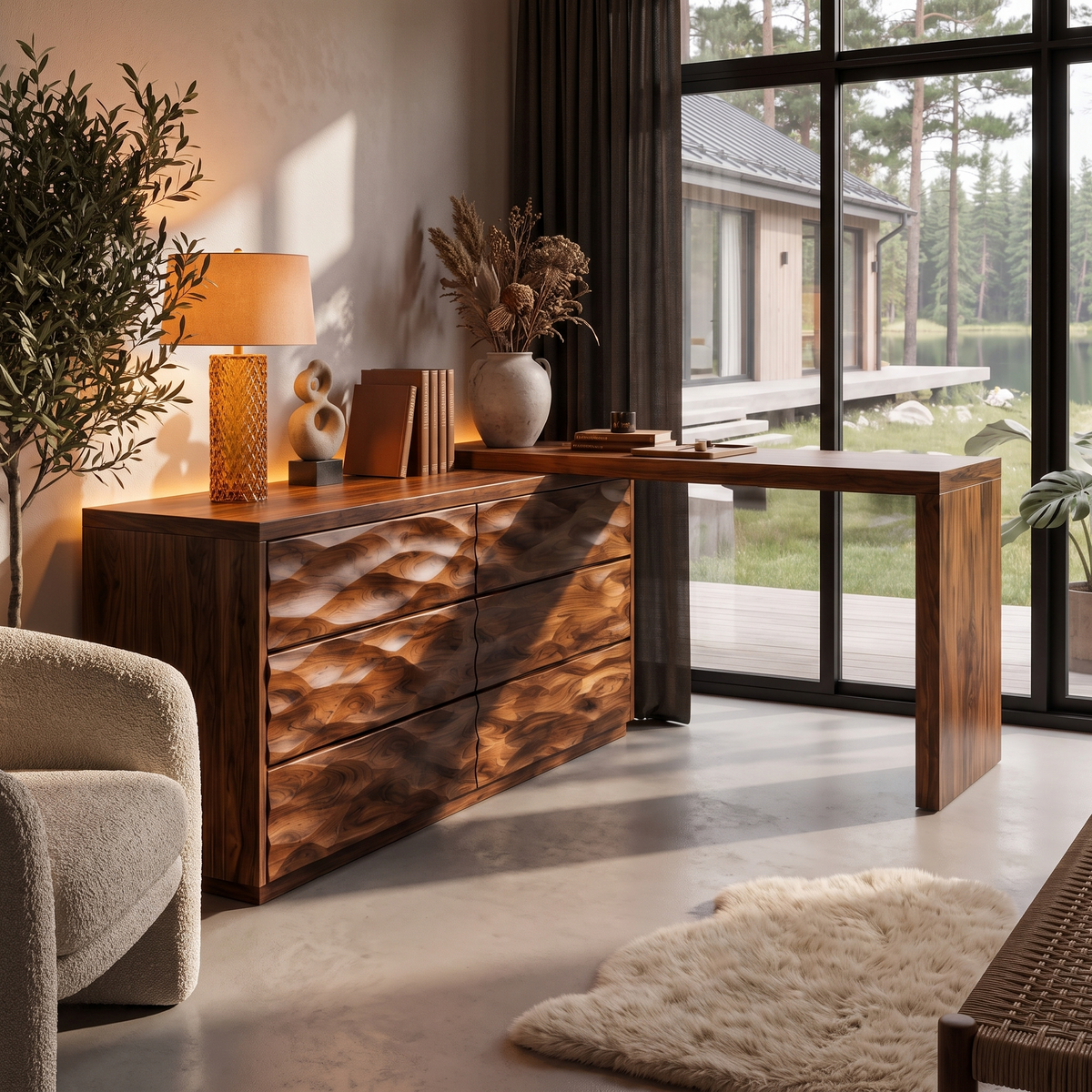Scandinavian Wooden Dresser With L Shaped Desk Extension For Bedroom