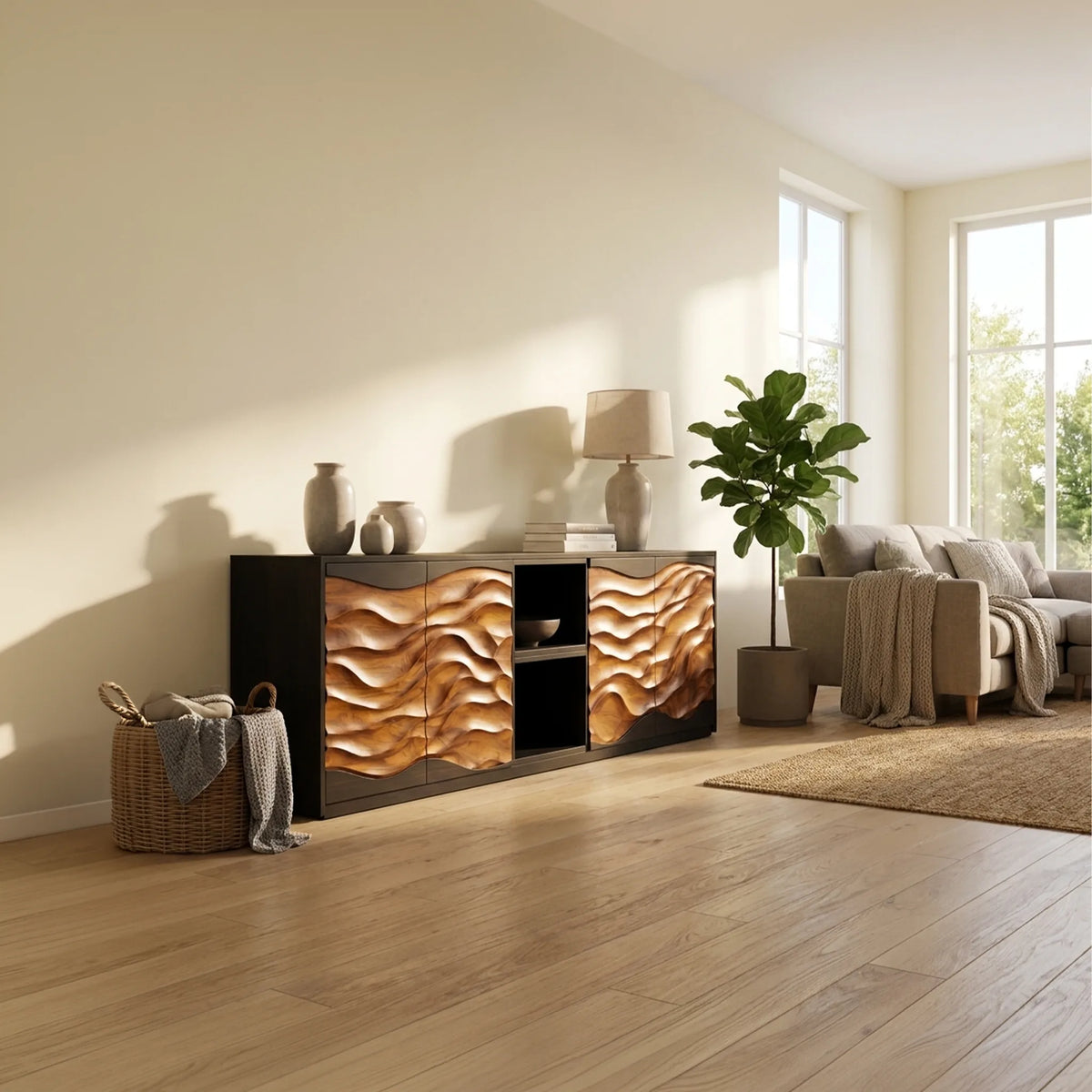 Modern Dune Carved Credenza Open Living Room