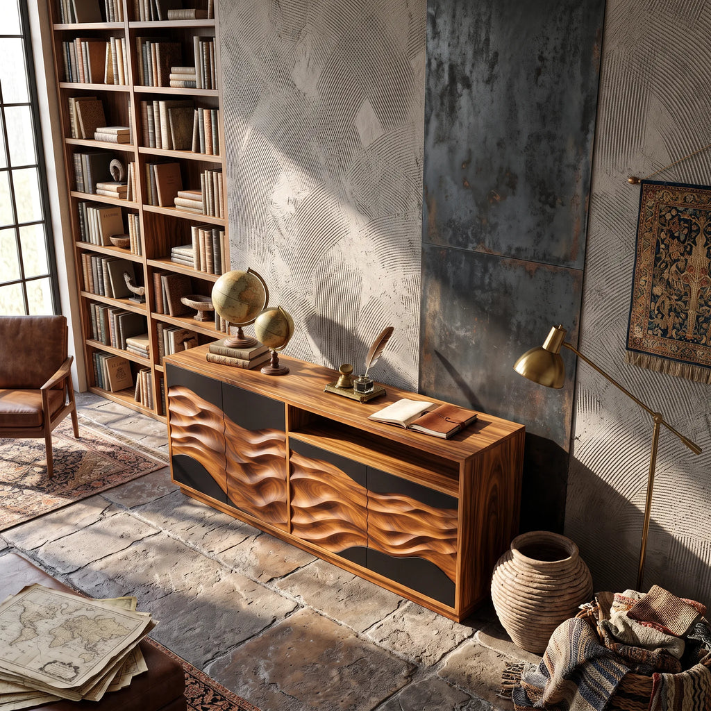 Modern Swirl Carved Sideboard Open Living Room