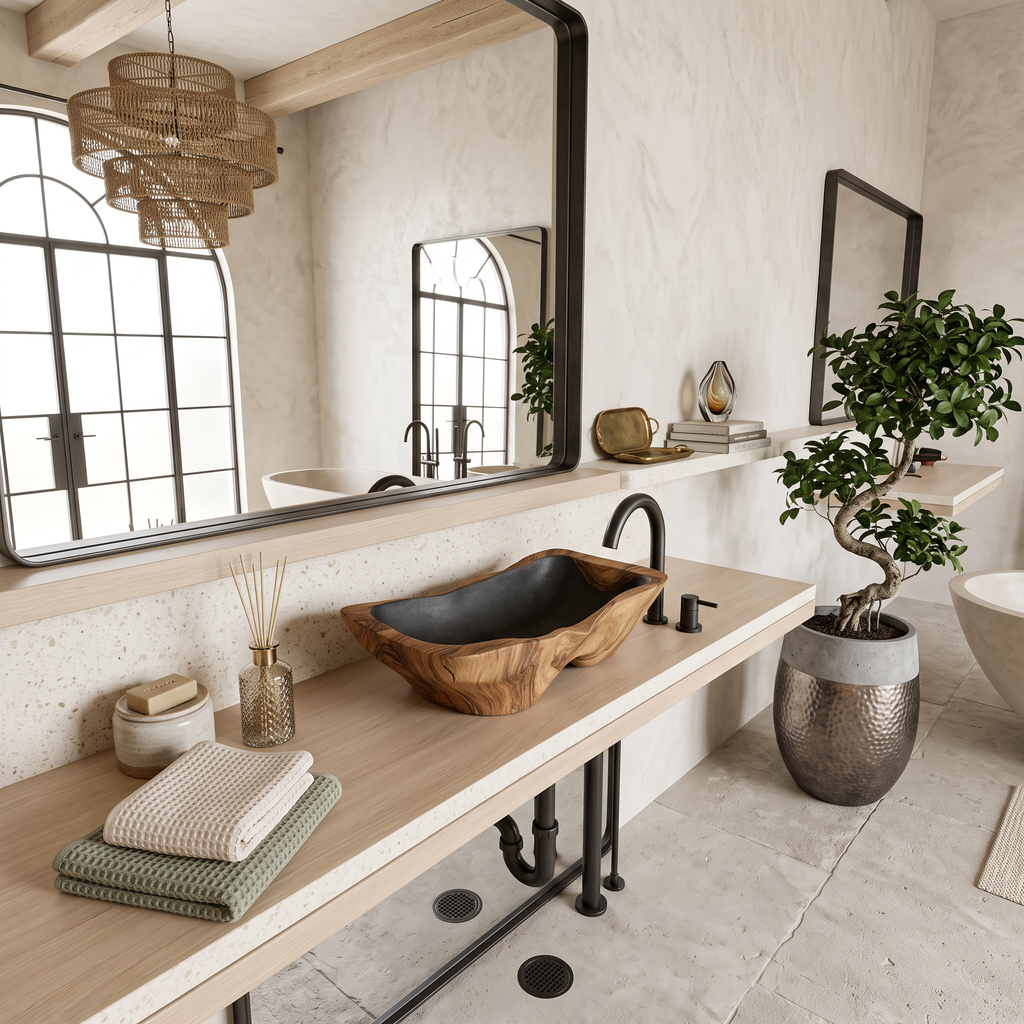 Mid Century Rustic Wooden Vessel Sink For Bathroom Ideas