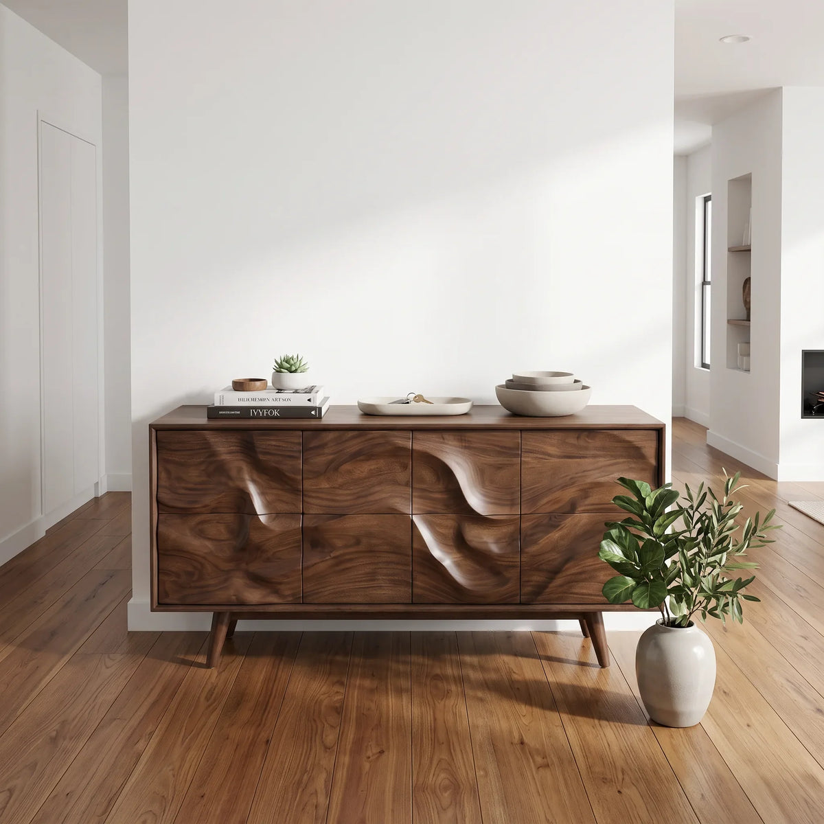 Mid Century Wave Carved Sideboard Living Room
