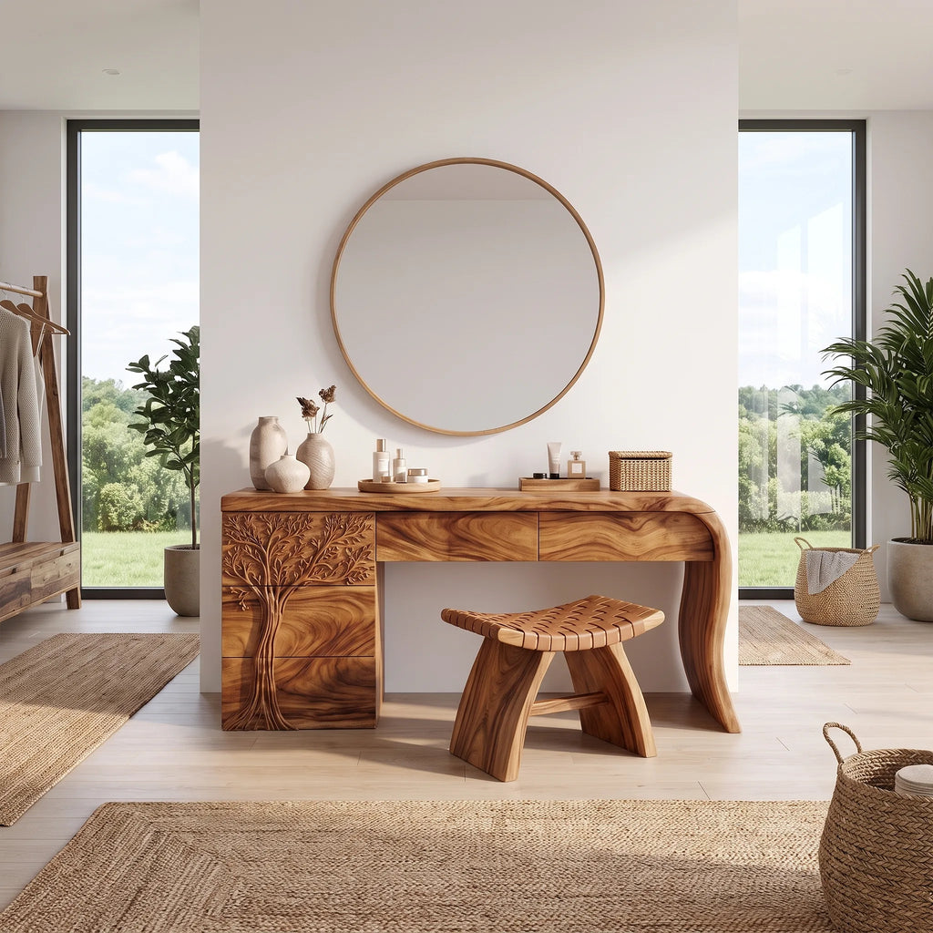Peaceful Vanity Table Makeup Vanity Desk Tree Carved Drawers For Bedroom