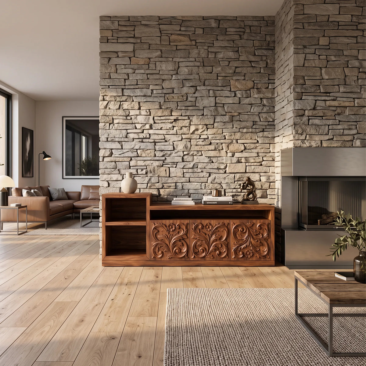 Organic Low Wave Carved Credenza Modern Living Room