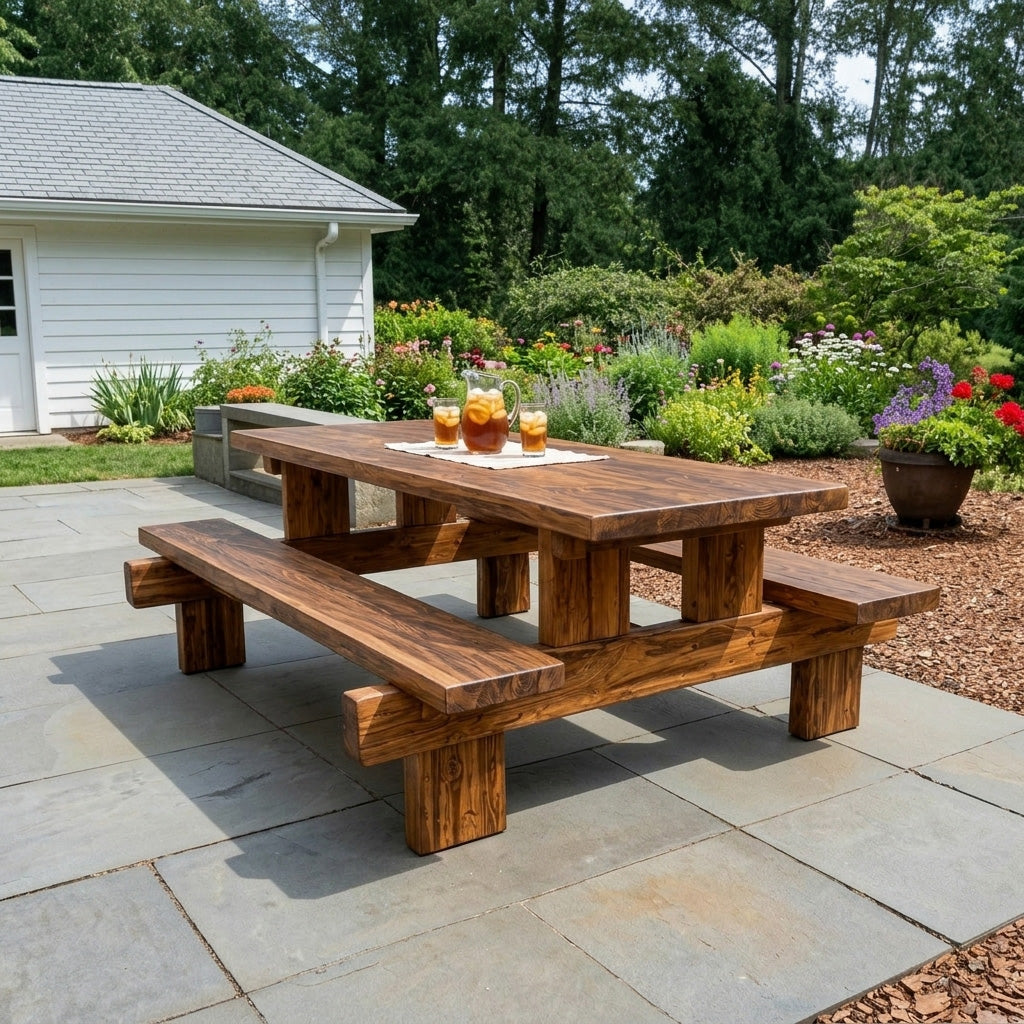 Minimalist Outdoor Picnic Table With Benches For Garden Or Cabin