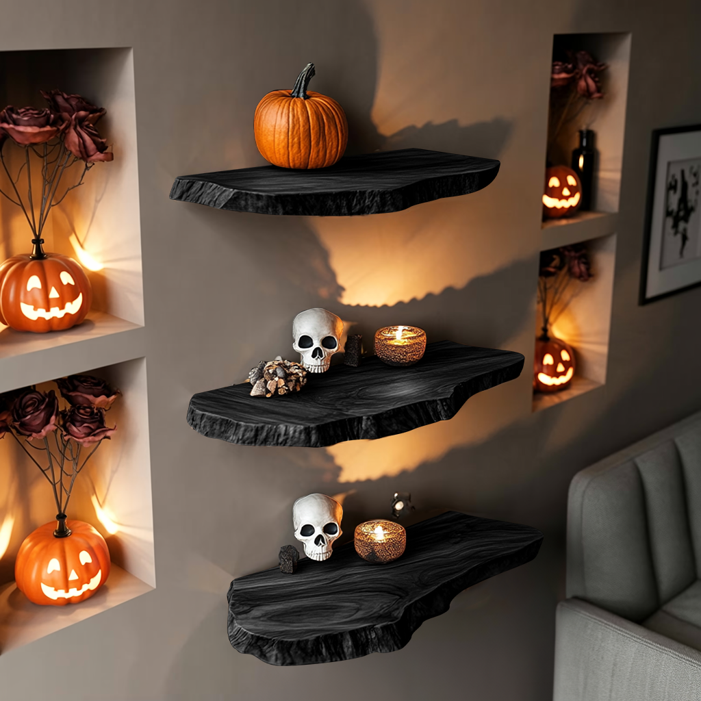Handcrafted Wooden Live Edge Floating Shelf For Entryway Design With Halloween Hooks