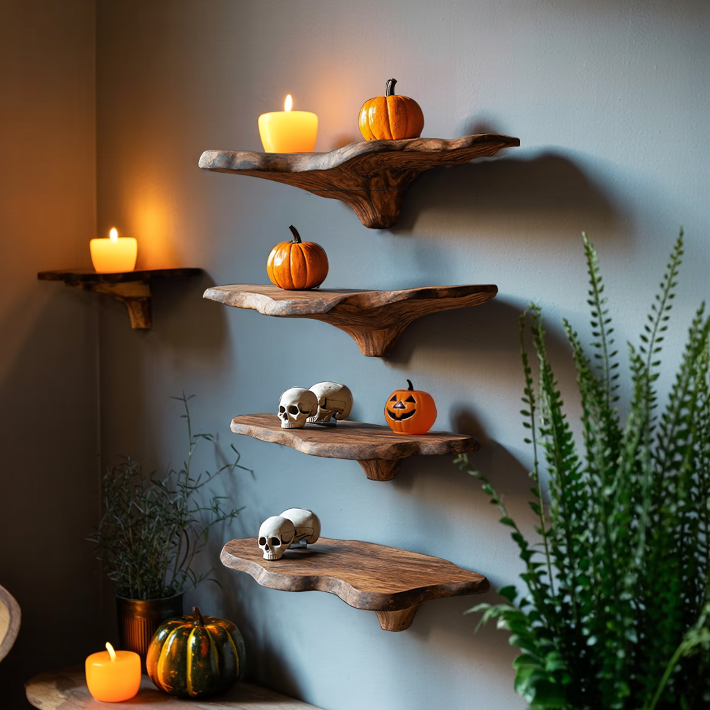 Mid Century Solid Wood Mushroom Shelf For Halloween Wall Design
