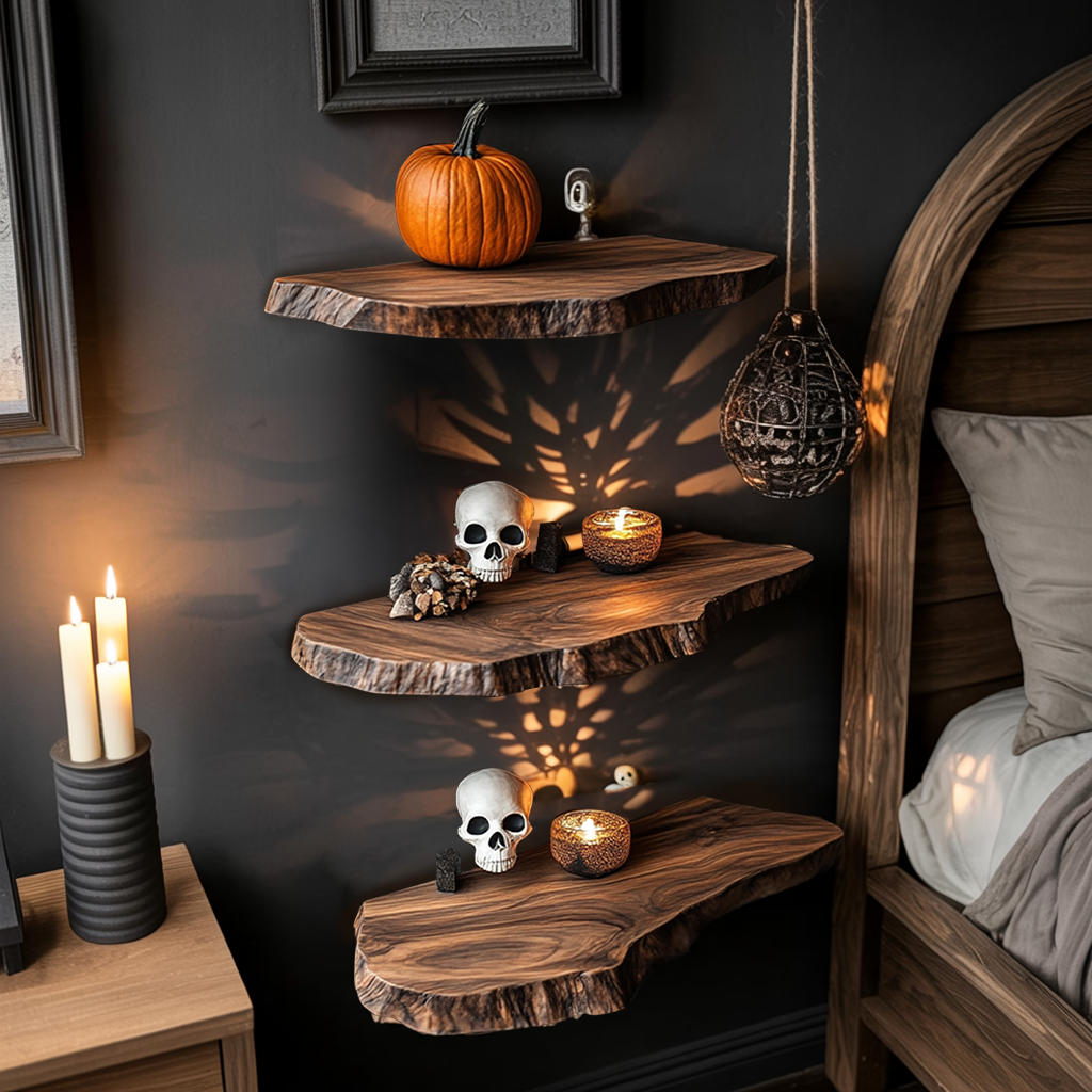 Handcrafted Wooden Live Edge Floating Shelf For Entryway Design With Halloween Hooks