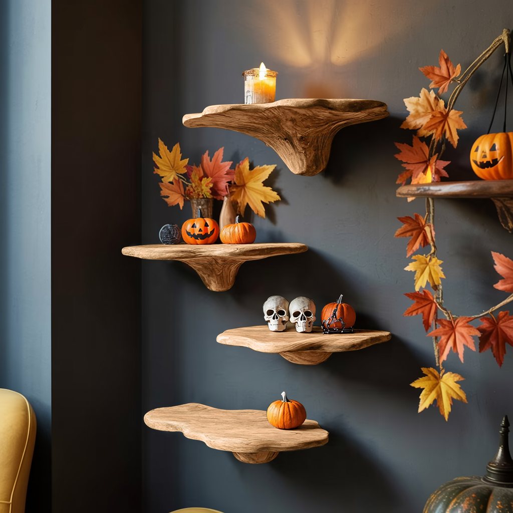 Farmhouse Wooden Mushroom Shelf Halloween Living Room Accent