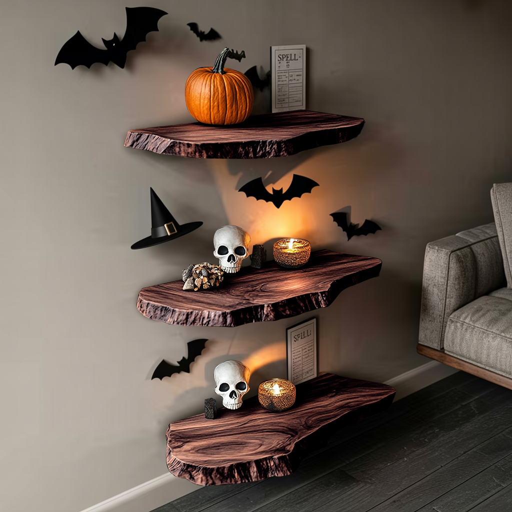 Handcrafted Wooden Live Edge Floating Shelf For Entryway Design With Halloween Hooks