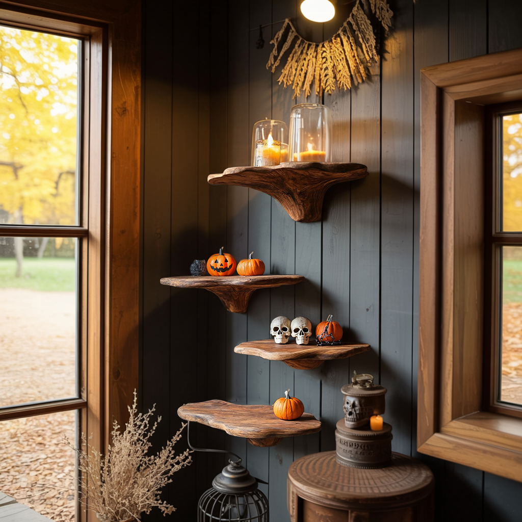 Farmhouse Wooden Mushroom Shelf Halloween Living Room Accent