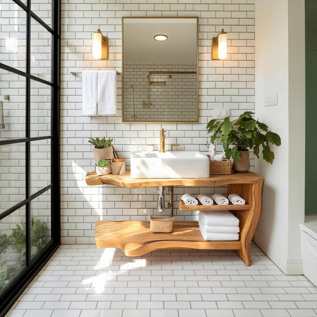 Rustic Wooden Vanity Space For Bathroom Use