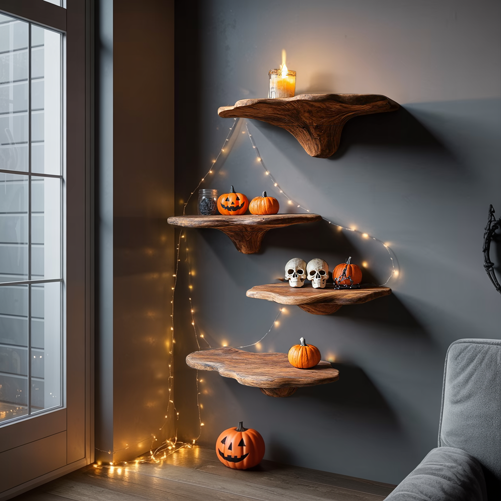 Farmhouse Wooden Mushroom Shelf Halloween Living Room Accent