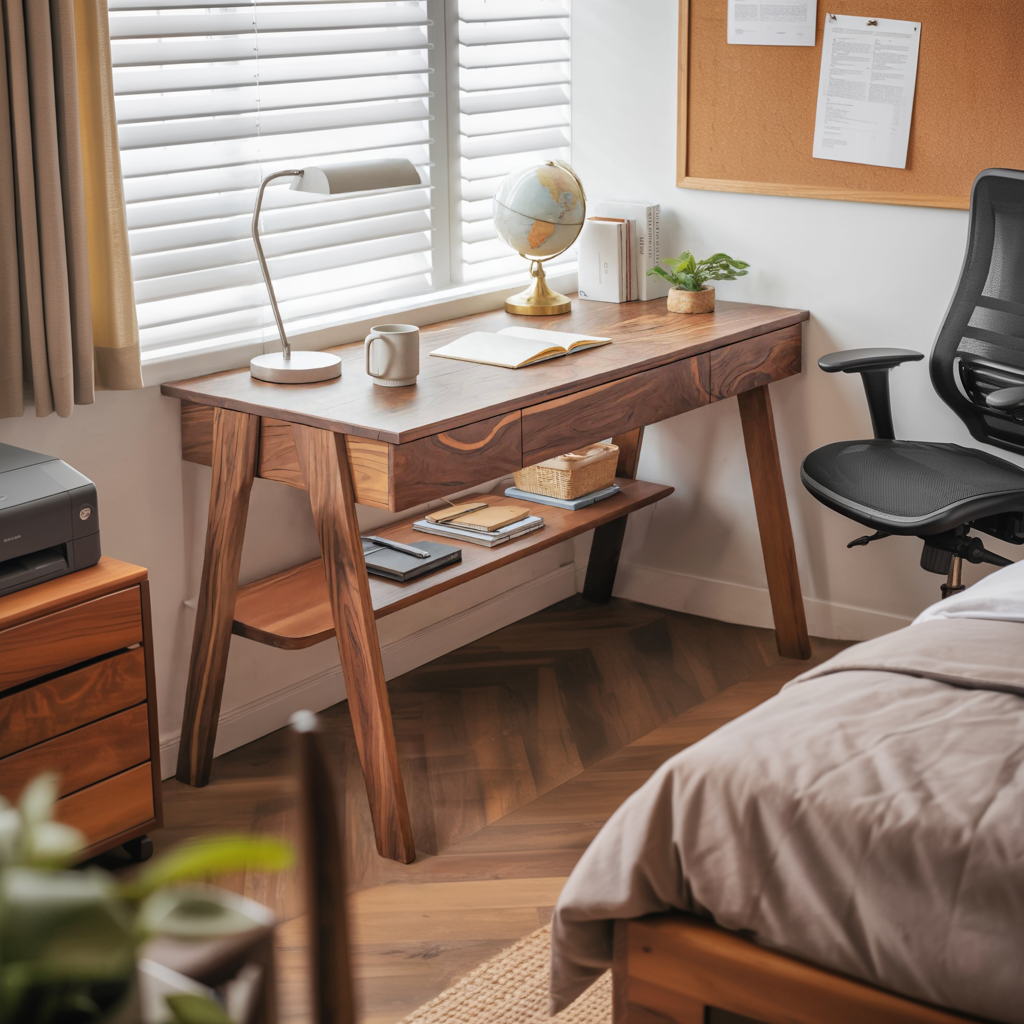 Mid Century Wooden Writing Desk With Drawers And Shelf For Home Office