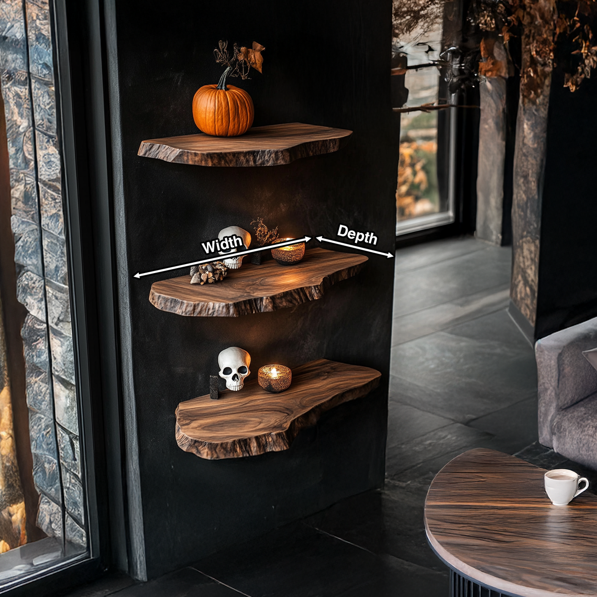 Handcrafted Wooden Live Edge Floating Shelf For Entryway Design With Halloween Hooks