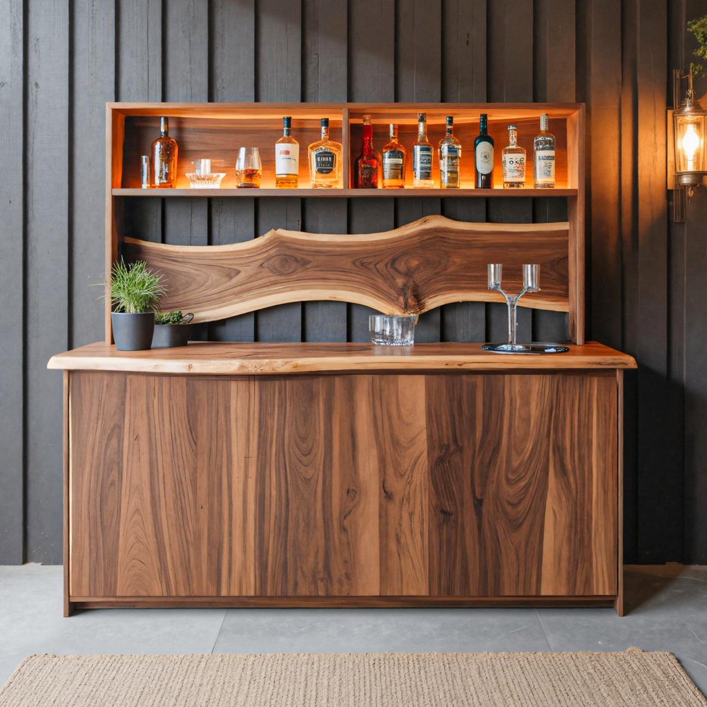 Modern Live Edge Indoor Bar Table With Wave Shelf For Home Lounge