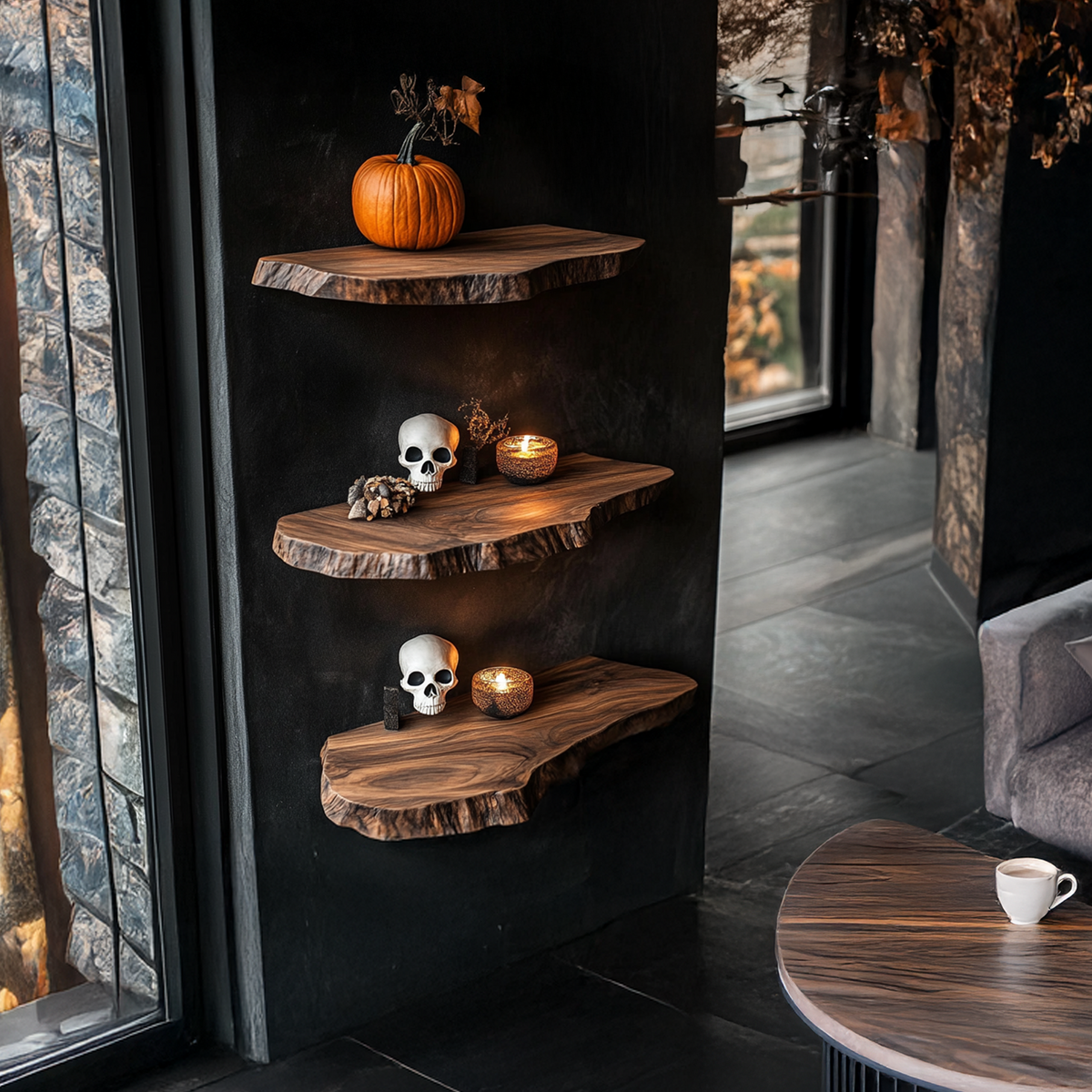 Handcrafted Wooden Live Edge Floating Shelf For Entryway Design With Halloween Hooks