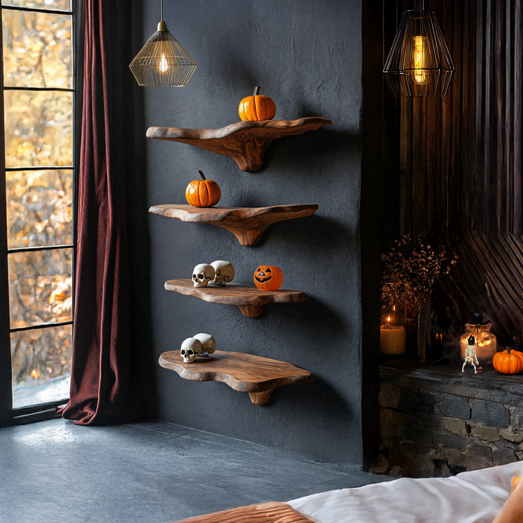 Mid Century Solid Wood Mushroom Shelf For Halloween Wall Design