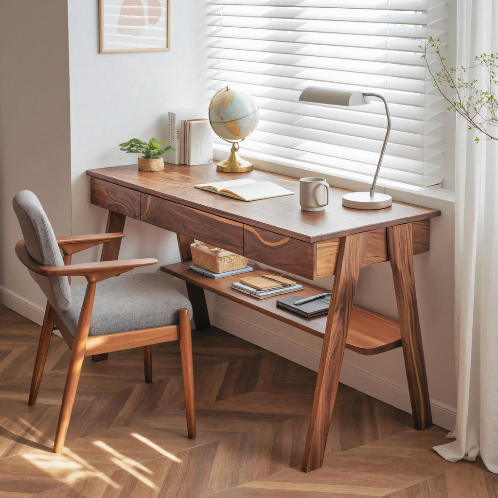 Mid Century Wooden Writing Desk With Drawers And Shelf For Home Office